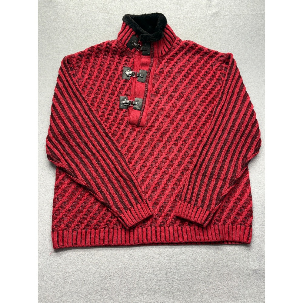 Lavane New York Mens XXL Red Black Cable Knit Faux Fur Collar Toggle Sweater